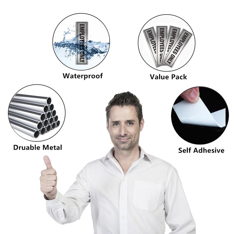 MongFun Employees Only Sign - Office Door Signs for Business Store Restroom Wall - 7.0" x 2.0" Durable Aluminum Metal with Strong Self Adhesive (4 Pack, Silver 7 x 2 inches) - Image 4